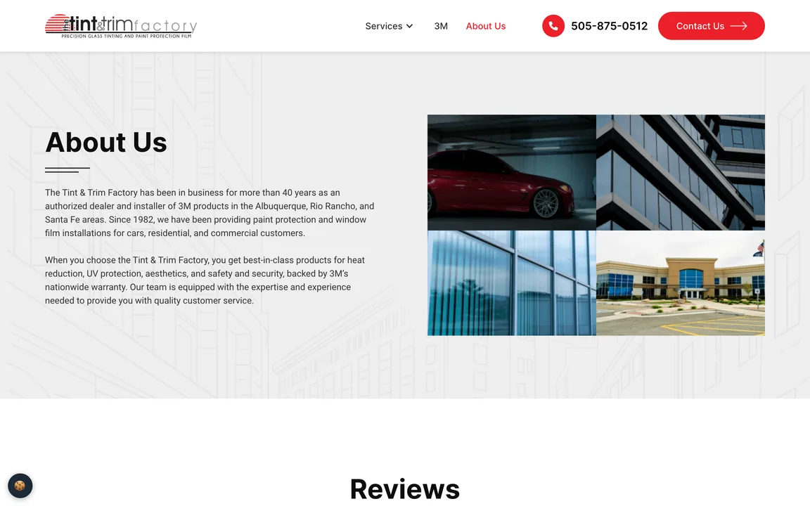 About Us page with the company history text and a grid of four photos: a red car, two glass building facades and a school building.