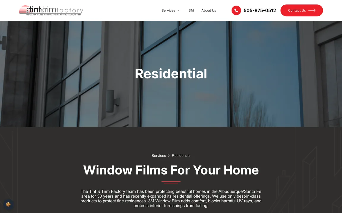 Residential page with a photo of tall windows and the section Window Films For Your Home.