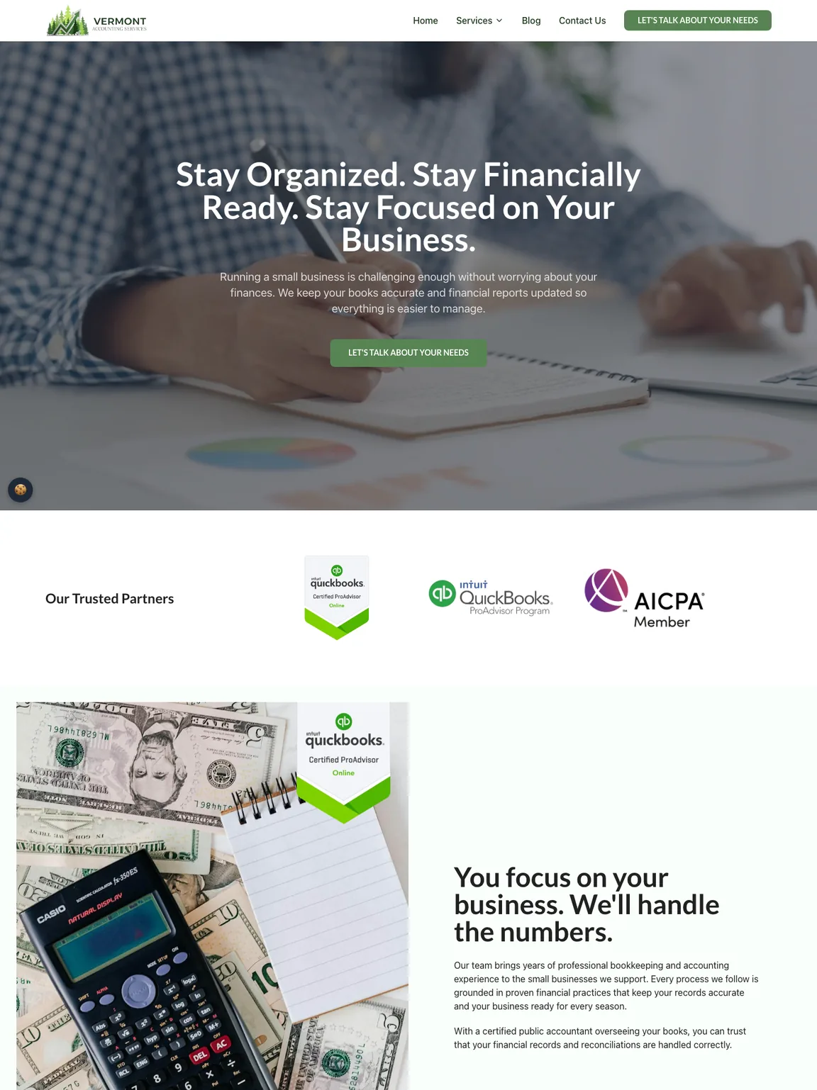 Full Vermont Accounting Services homepage: trusted partners, the firm's approach, four services, client quotes blurred here, and a call to get started
