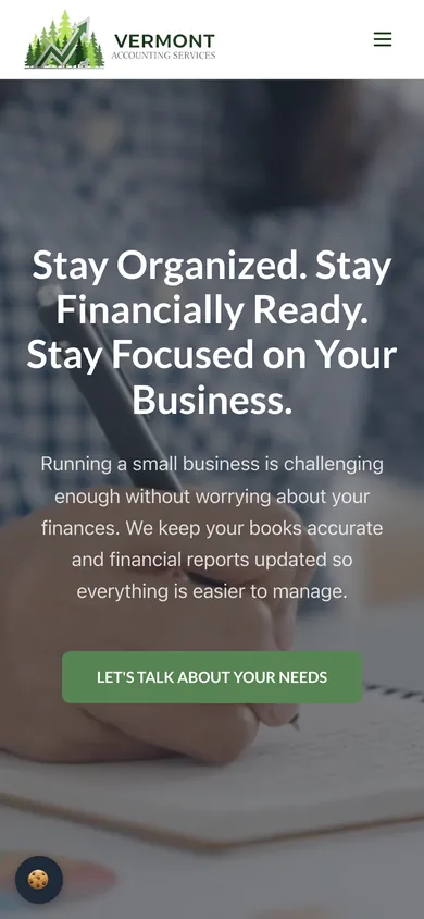 Vermont Accounting Services homepage on a phone with the headline and a Let's Talk About Your Needs button