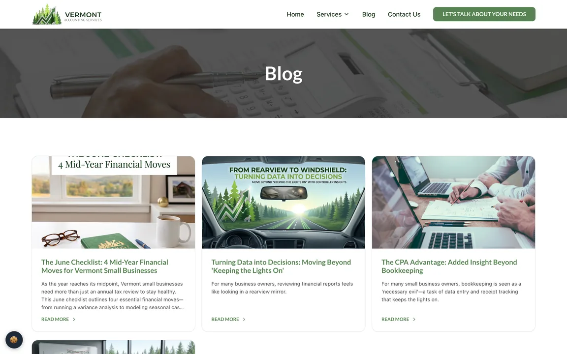 Vermont Accounting Services blog page with article cards