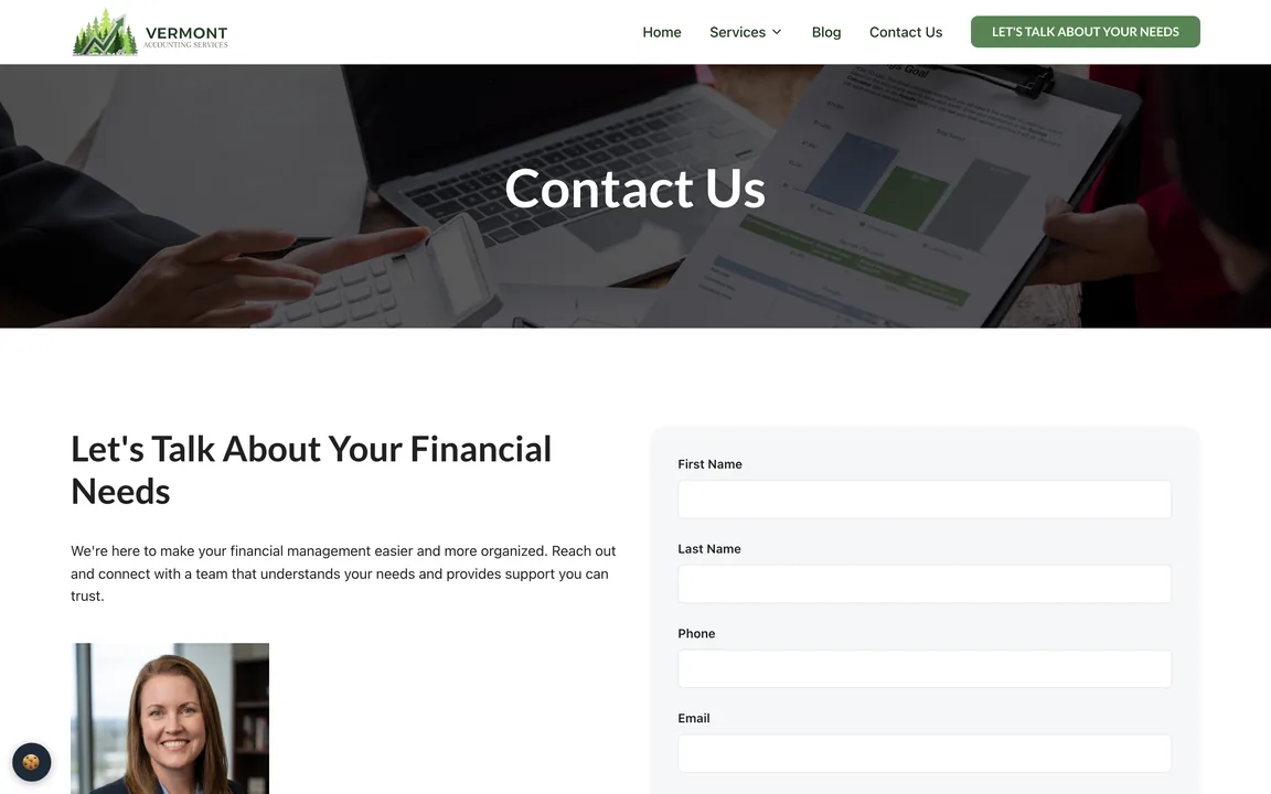 Vermont Accounting Services contact page with a contact form