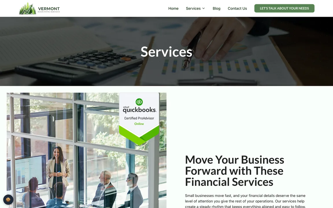 Vermont Accounting Services services page headed "Move Your Business Forward with These Financial Services"