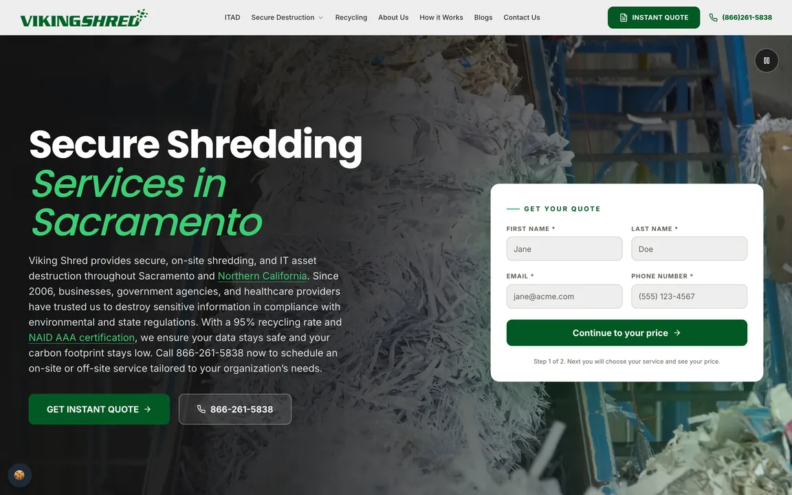 Viking Shred homepage with the headline Secure Shredding Services in Sacramento and a Get Your Quote form for name, email and phone.