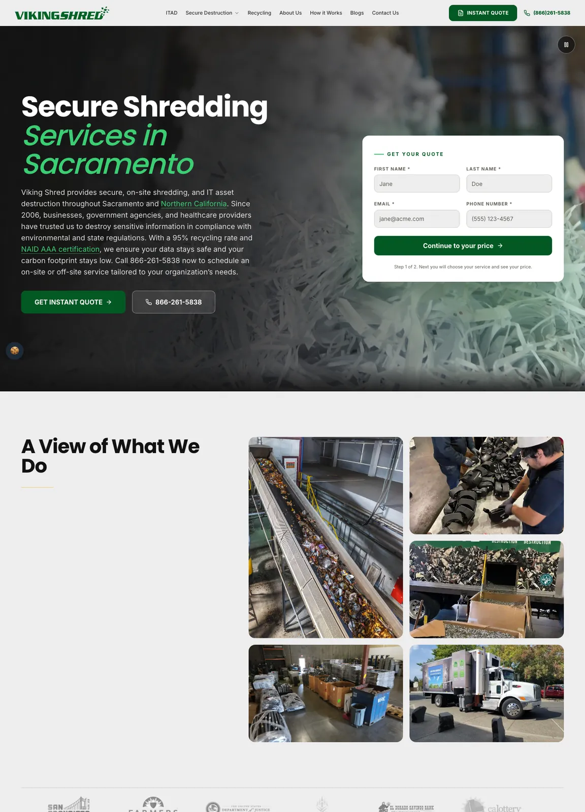 The Viking Shred homepage from top to bottom: hero with the quote form, a photo grid of the work, client logos, company highlights, key figures, services and the start of the NAID AAA certification section.