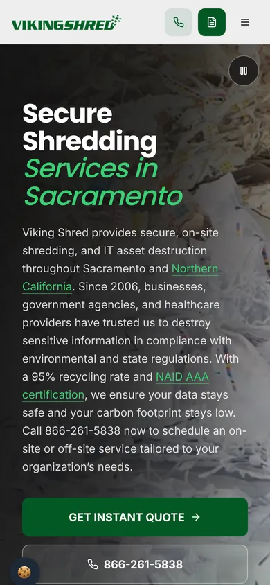 Viking Shred homepage on a phone with call, quote and menu buttons, the headline and a Get Instant Quote button.