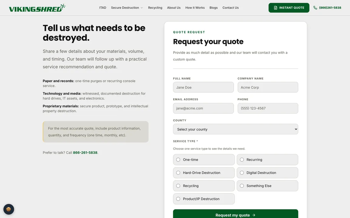 Instant quote page with a form for full name, company, email, phone, county and service type, and a Request my quote button.