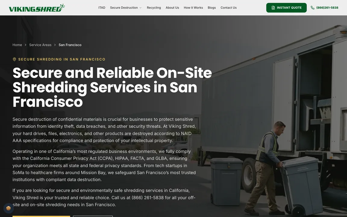 San Francisco location page with the headline Secure and Reliable On-Site Shredding Services in San Francisco and a breadcrumb through Service Areas.