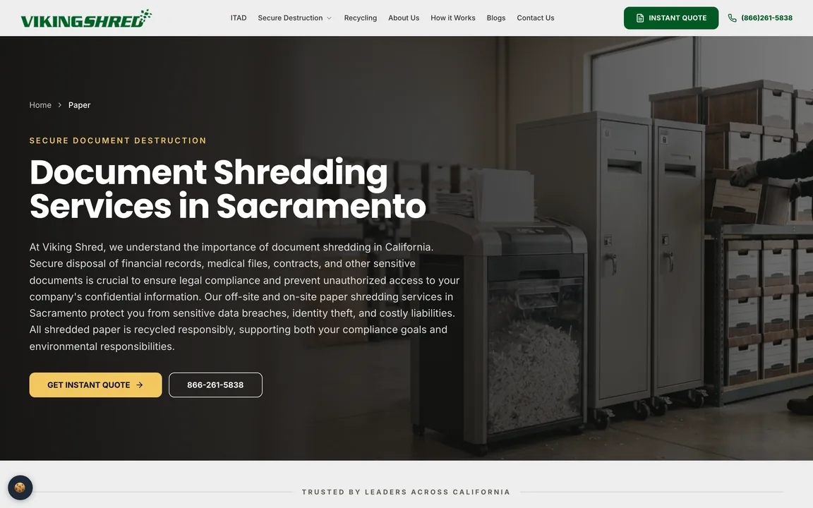 Document Shredding Services in Sacramento page with Get Instant Quote and phone buttons.