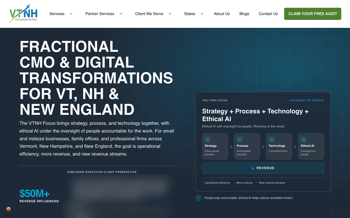 VTNH Consulting Partners homepage with the headline "Fractional CMO & Digital Transformations for VT, NH & New England" beside a diagram of strategy, process, technology, and ethical AI; a client quote under the headline is blurred here.