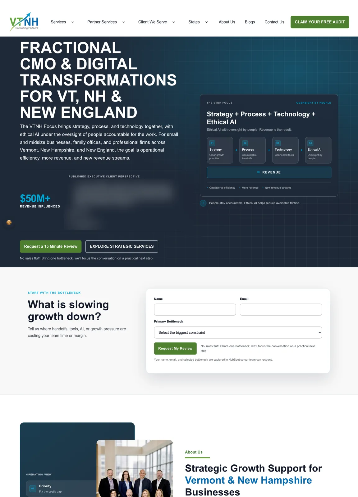 Full VTNH Consulting Partners homepage: the fit review form, about section, service highlights, and client types; the client quotes are blurred here.