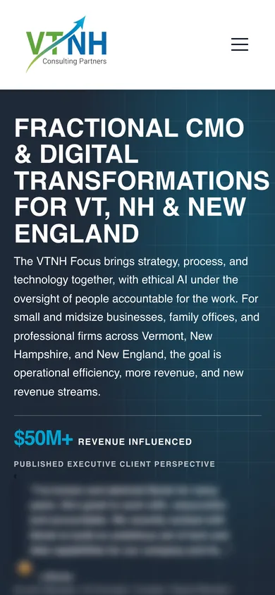 VTNH Consulting Partners homepage on a phone with the headline and a short description; a client quote below them is blurred here.