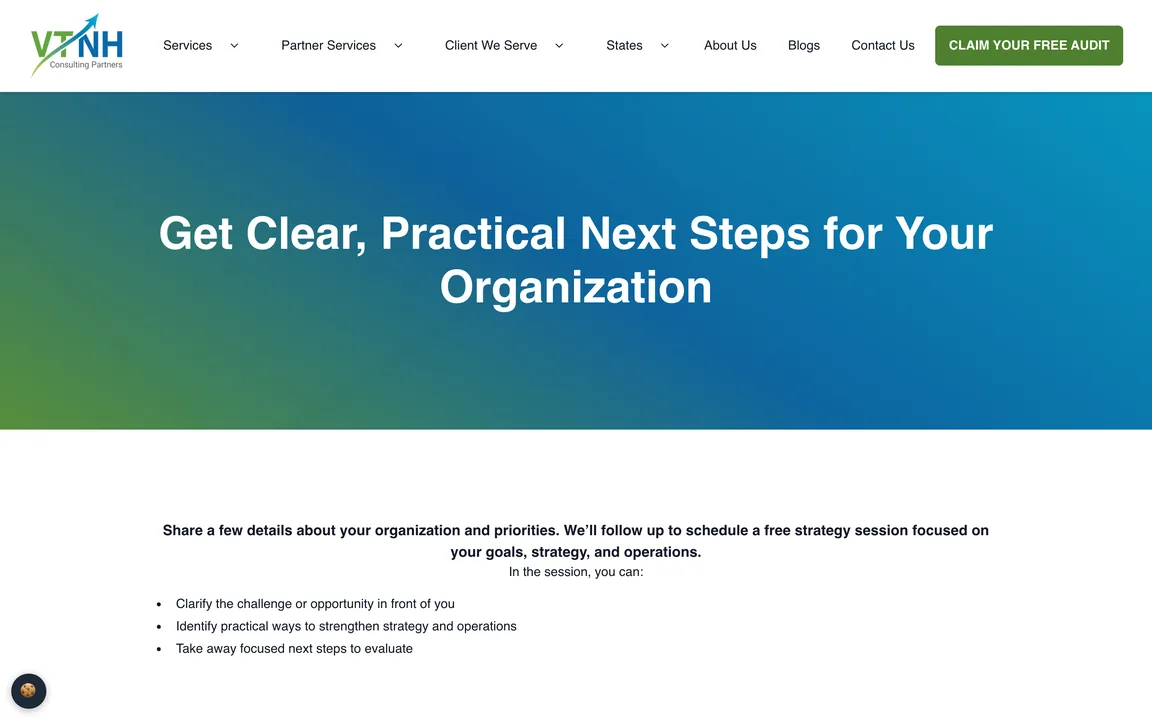 VTNH Consulting Partners free strategy session page headed "Get Clear, Practical Next Steps for Your Organization"