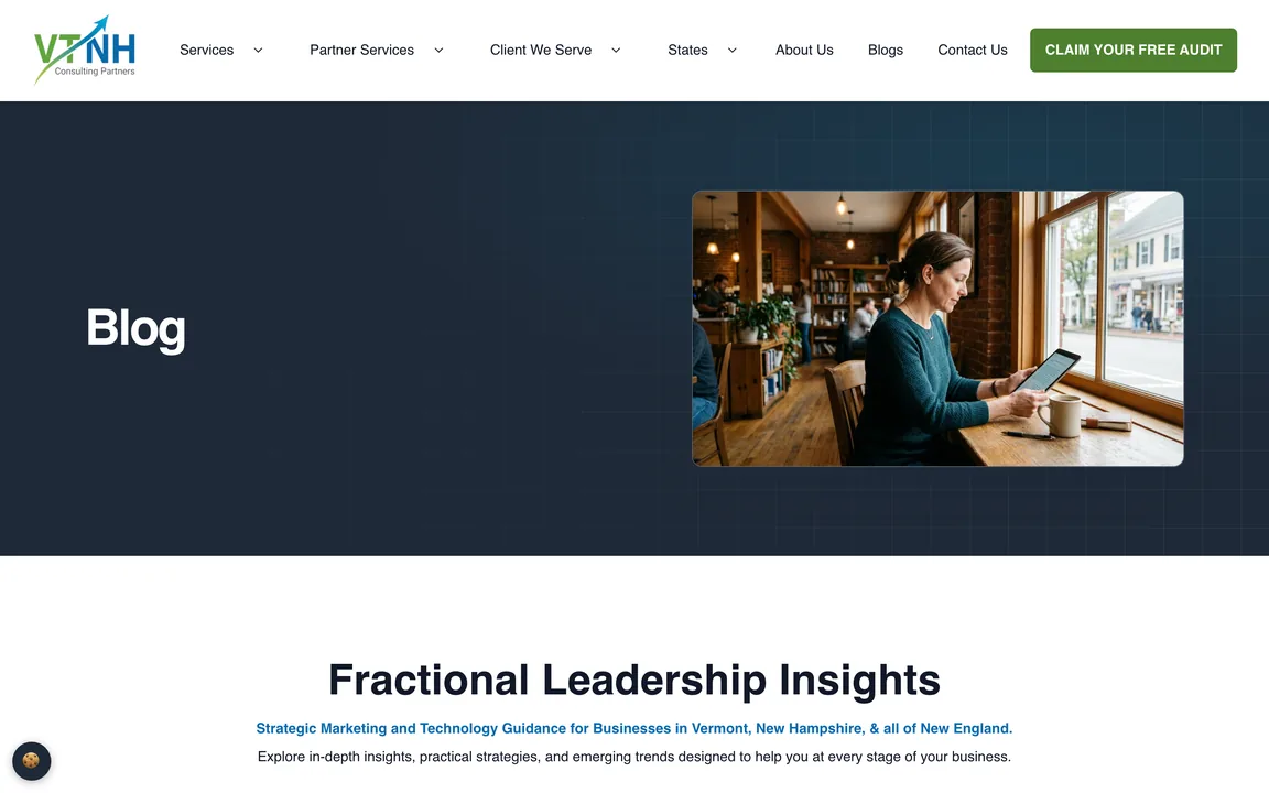 VTNH Consulting Partners blog page headed "Fractional Leadership Insights"