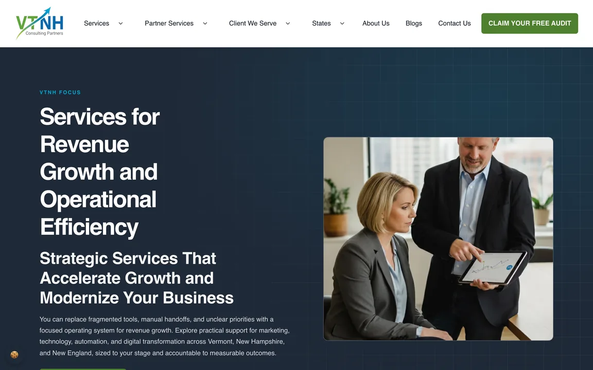 VTNH Consulting Partners services page headed "Services for Revenue Growth and Operational Efficiency"