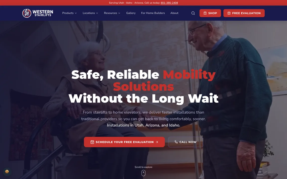 Homepage hero reading Safe, Reliable Mobility Solutions Without the Long Wait, with Schedule Your Free Evaluation and Call Now buttons.
