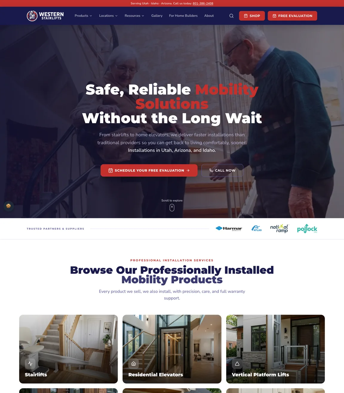 Long view of the homepage with product cards, three shop products, an about section and project cards.