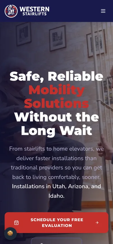 Mobile view of the Western Stairlifts homepage.