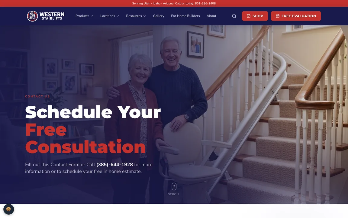 Contact page headed Schedule Your Free Consultation over a photo of a couple beside a stairlift.