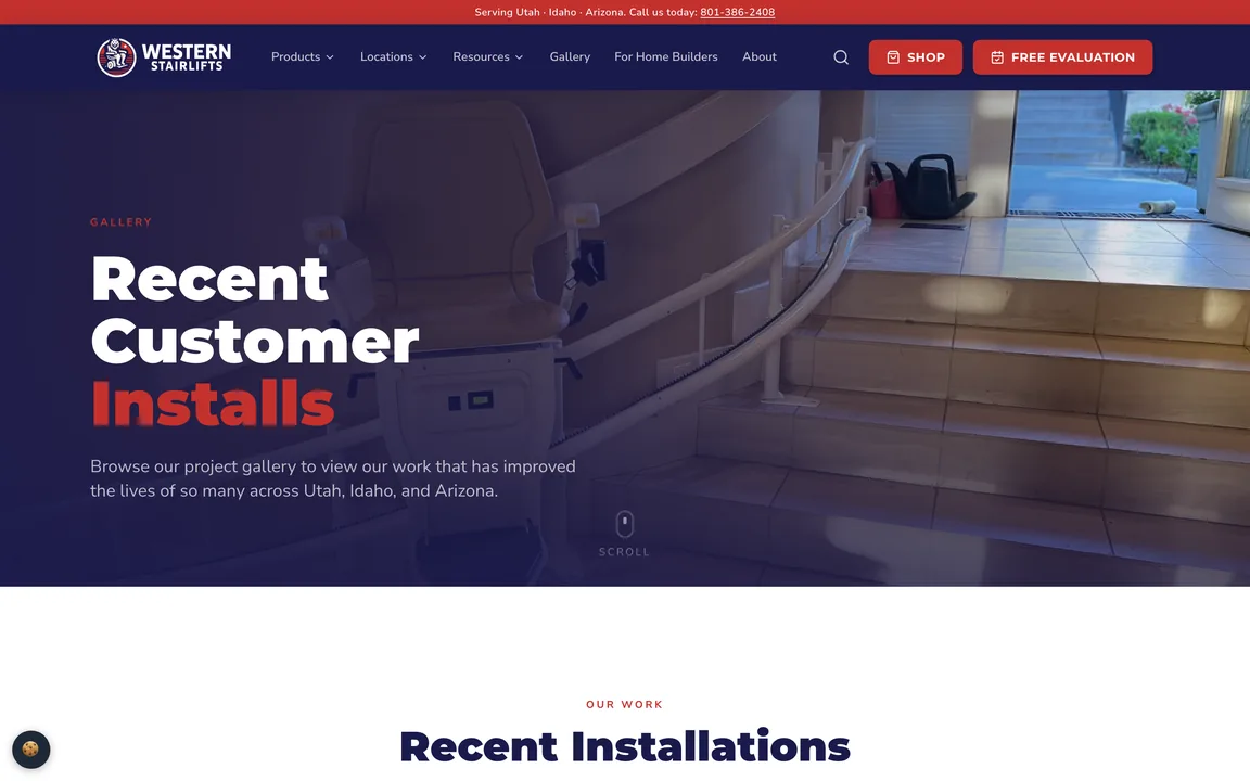 Gallery page headed Recent Customer Installs over a photo of a curved stairlift.