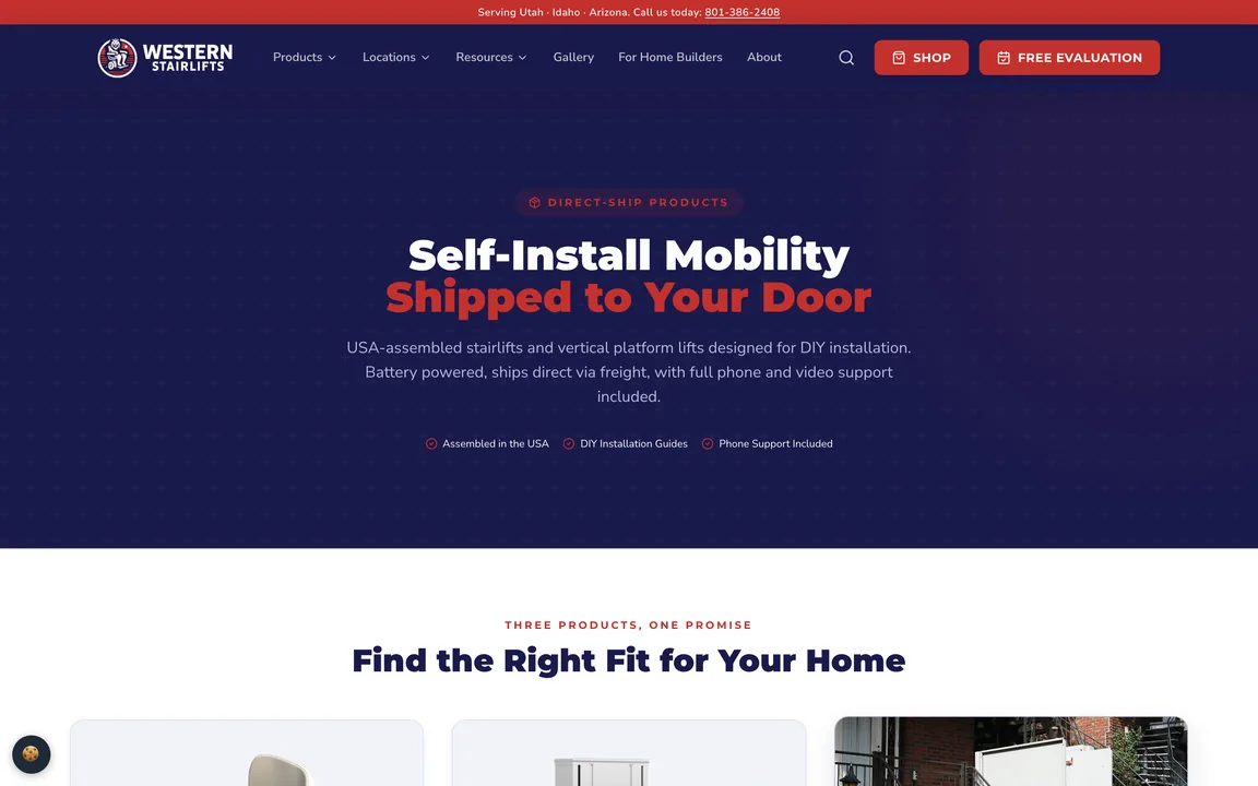 Shop page headed Self-Install Mobility Shipped to Your Door, with notes on USA assembly, DIY guides and phone support.