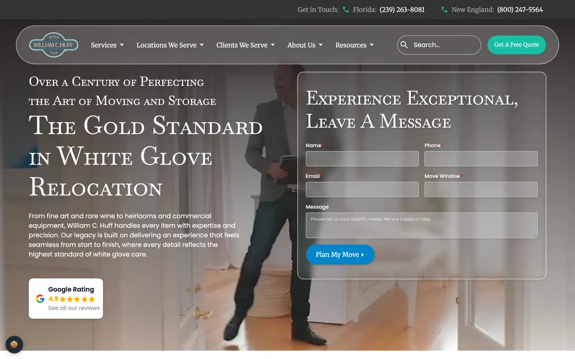 William C. Huff homepage with the headline 'The Gold Standard in White Glove Relocation' and a 'Leave a Message' quote form beside it.