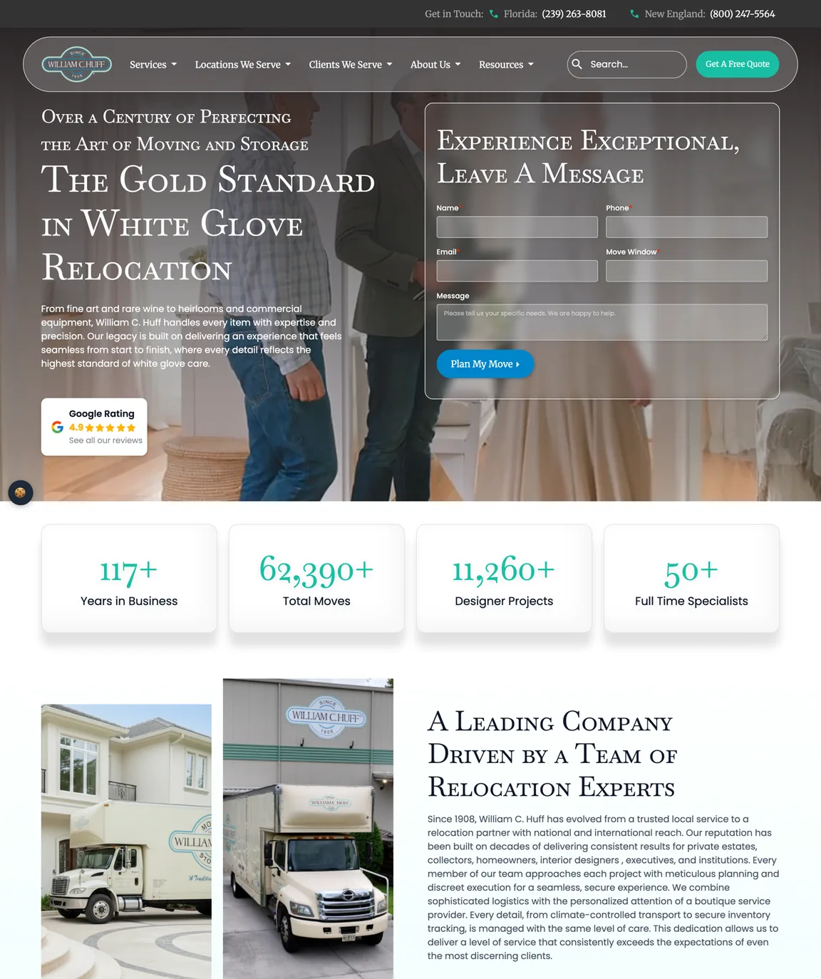 The William C. Huff homepage from the hero and quote form down to the client types and services.