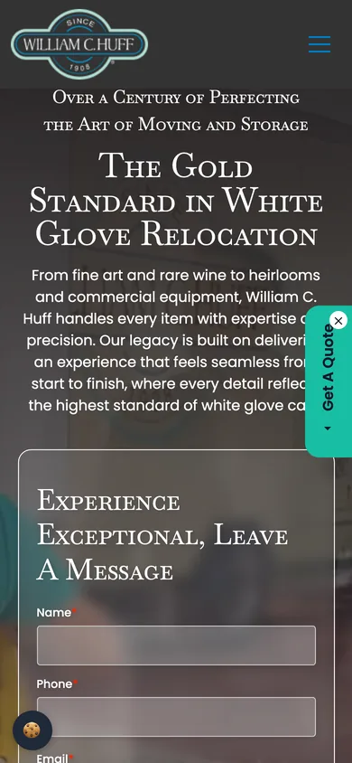 William C. Huff homepage on a 390-pixel-wide phone screen, with the headline above the quote form and a 'Get A Quote' side tab.