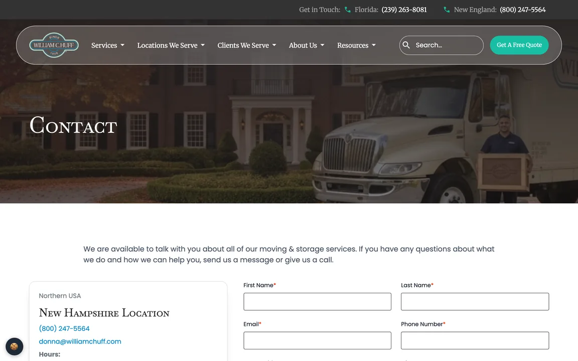 Contact page with a moving truck photo, the New Hampshire office details and the contact form.