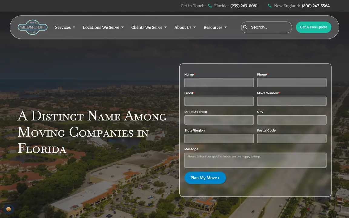 Florida page headed 'A Distinct Name Among Moving Companies in Florida' over an aerial photo, with a quote form.