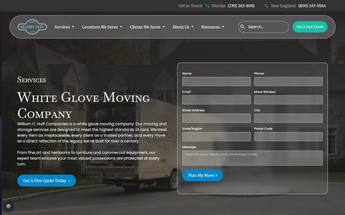 White Glove Moving Company page with a description of the service and a 'Plan My Move' form.